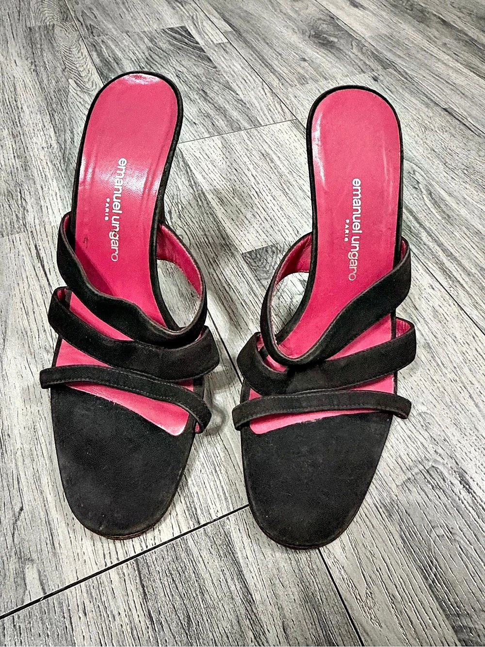 Emanuel Ungaro Vintage Black & Pink Strappy Heels Sz 10